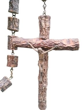 Handcrafted Wooden Rosary Necklace Crucifix Cross Pendant Natural Wood Beads